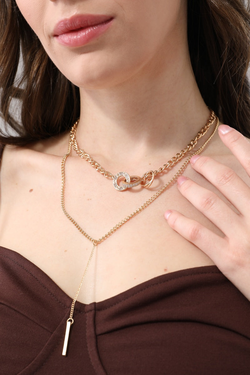 Double Layer Gold Chain Necklace with Interlocking Circle Pendant for Women leto-collection