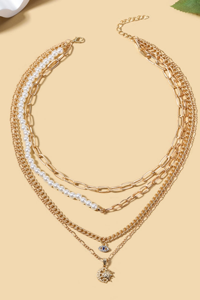 Sun Moon Evil Eye Pendant 4-Layer Gold Pearl Choker for Women Leto Collection
