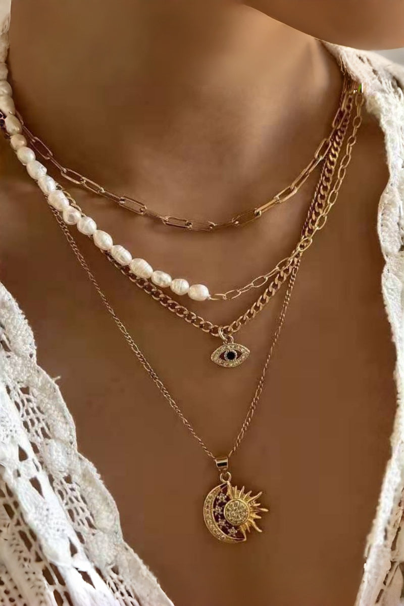 Sun Moon Evil Eye Pendant 4-Layer Gold Pearl Choker for Women Leto Collection