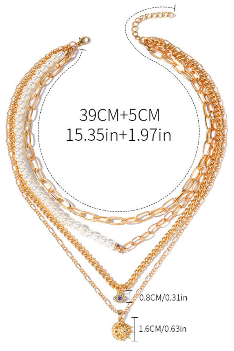 Sun Moon Evil Eye Pendant 4-Layer Gold Pearl Choker for Women Leto Collection