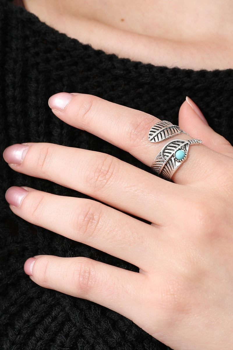 Boho Feather Turquoise Open Adjustable Ring for Women Leto Collection