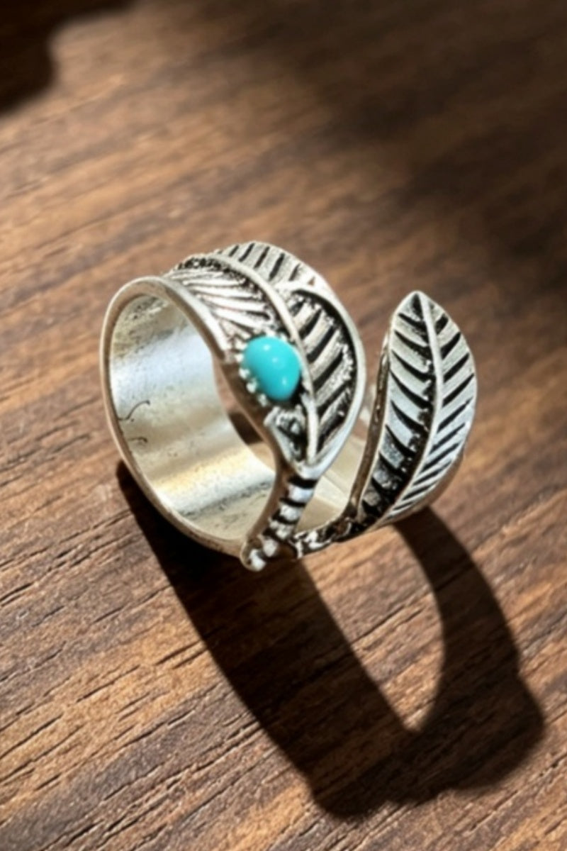 Boho Feather Turquoise Open Adjustable Ring for Women Leto Collection
