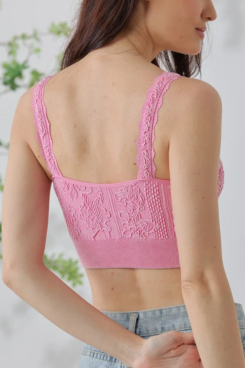 Effortless Edge: Seamless Washed Jacquard Lace Bralette with Decorative Strap Mustard / M/L