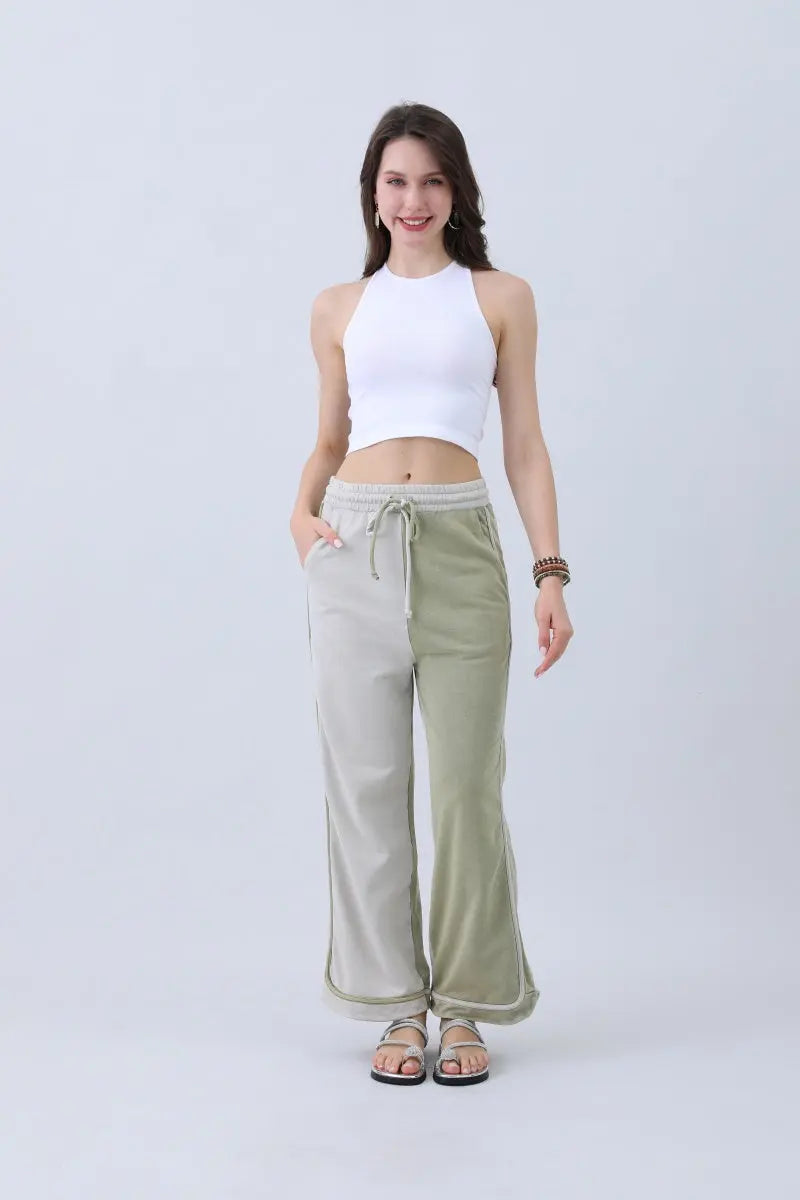 Breathable Wide-Leg Pants – Olive Two-Tone Straight Fit Leto Collection