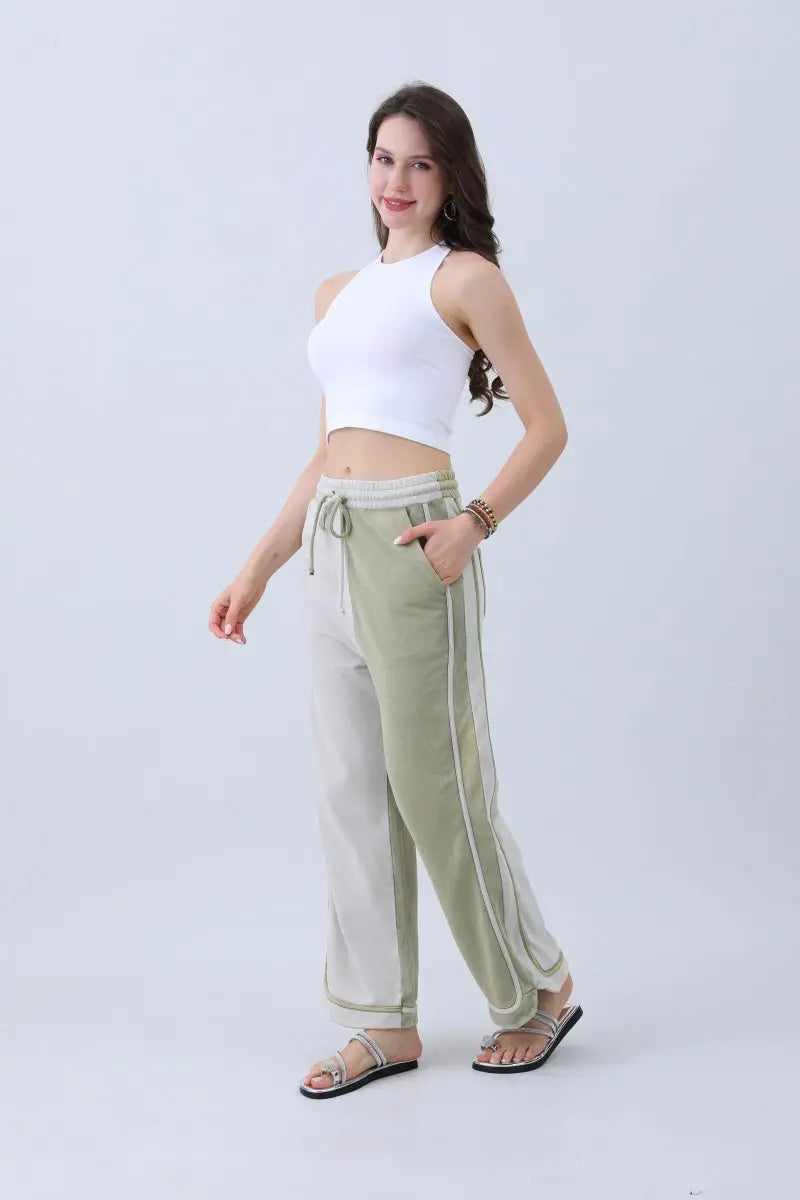 Breathable Wide-Leg Pants – Olive Two-Tone Straight Fit Leto Collection