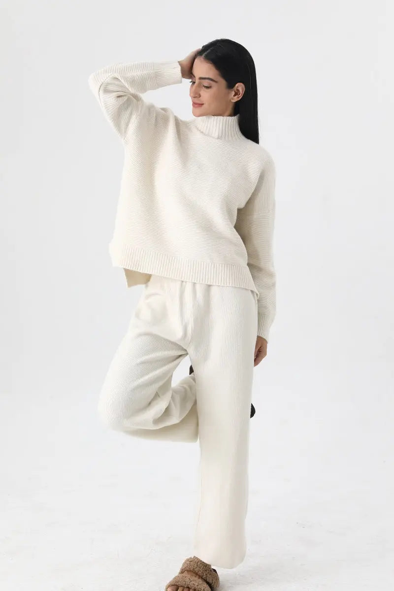 Women Turtleneck Knit Loungewear Set Sweater Wide Leg Pants 🧶☁️ Leto Collection