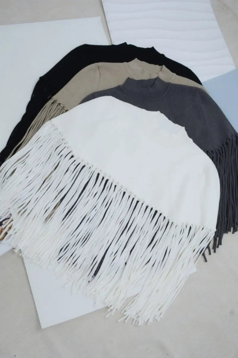 Women Solid Mock Neck Fringe Knit Poncho Cape Shawl 🧶🍂 Leto Collection