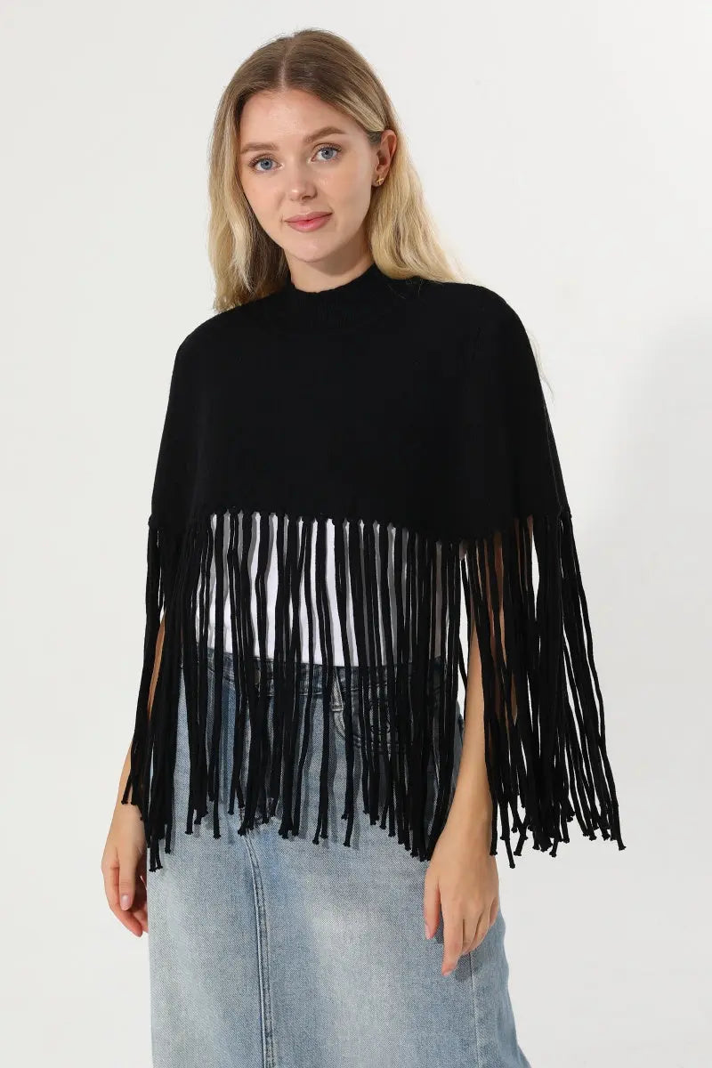 Women Solid Mock Neck Fringe Knit Poncho Cape Shawl 🧶🍂 Leto Collection