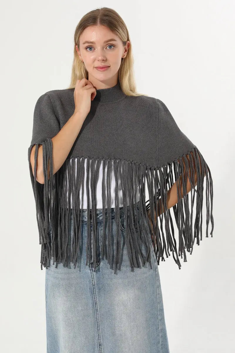 Women Solid Mock Neck Fringe Knit Poncho Cape Shawl 🧶🍂 Leto Collection