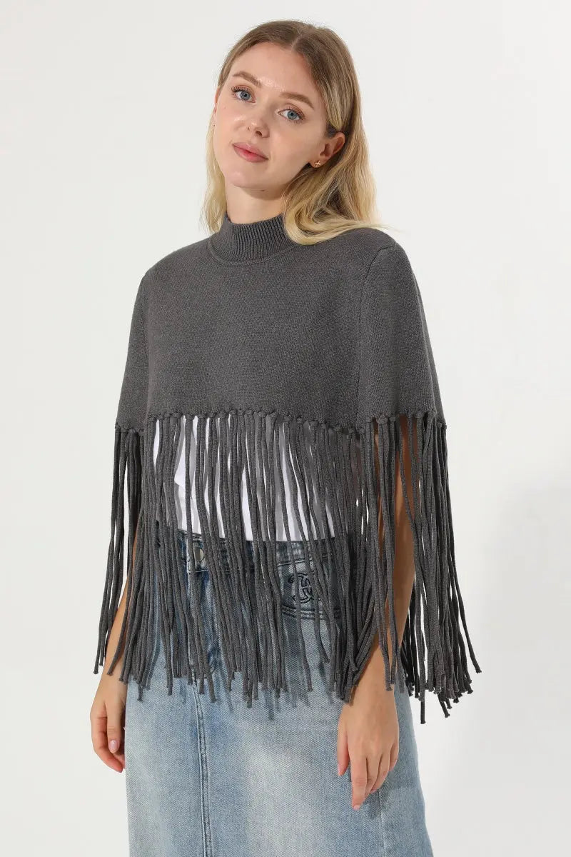 Women Solid Mock Neck Fringe Knit Poncho Cape Shawl 🧶🍂 Leto Collection