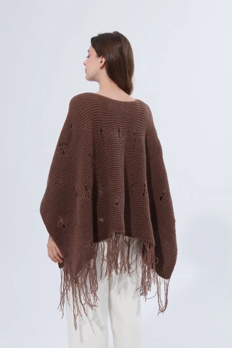 Hollow Knit Fringe Detail Poncho Women Shawl Leto Collection