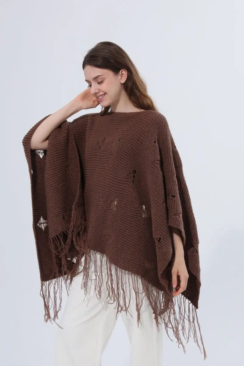 Hollow Knit Fringe Detail Poncho Women Shawl Leto Collection