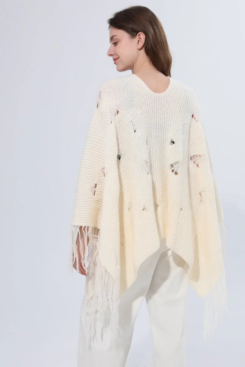 Hollow Knit Fringe Detail Poncho Women Shawl Leto Collection