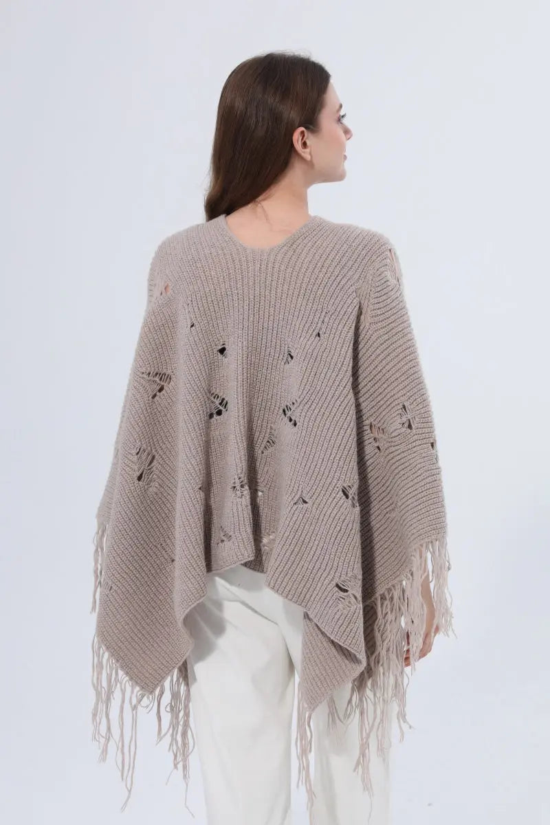 Hollow Knit Fringe Detail Poncho Women Shawl Leto Collection