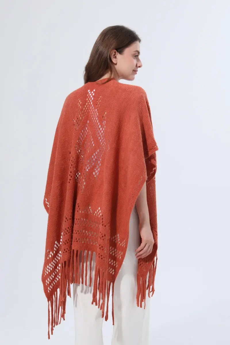Women Hollow Knit Tassel Poncho Open Front Fringe Knitted Shawl Wrap 🧶✨ Leto Collection