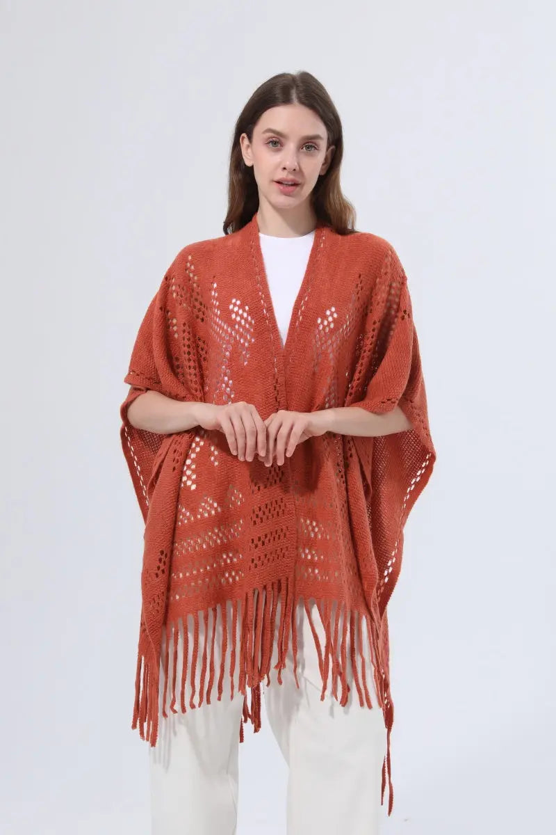 Women Hollow Knit Tassel Poncho Open Front Fringe Knitted Shawl Wrap 🧶✨ Leto Collection