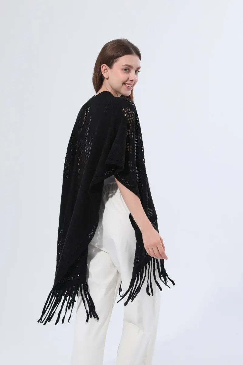 Women Hollow Knit Tassel Poncho Open Front Fringe Knitted Shawl Wrap 🧶✨ Leto Collection