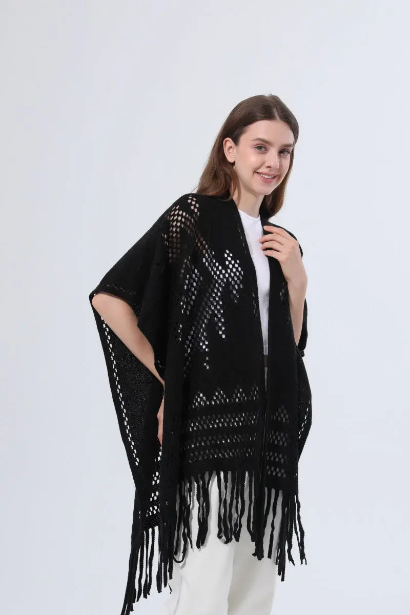 Women Hollow Knit Tassel Poncho Open Front Fringe Knitted Shawl Wrap 🧶✨ Leto Collection