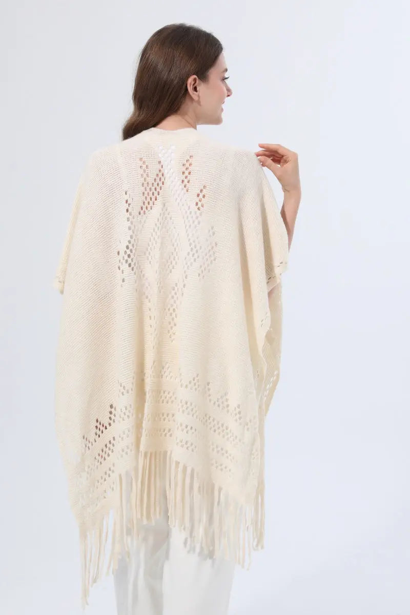 Women Hollow Knit Tassel Poncho Open Front Fringe Knitted Shawl Wrap 🧶✨ Leto Collection