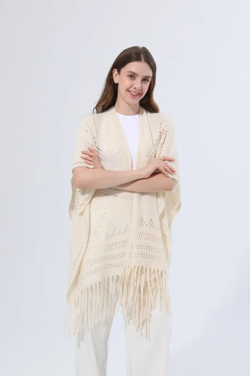 Women Hollow Knit Tassel Poncho Open Front Fringe Knitted Shawl Wrap 🧶✨ Leto Collection