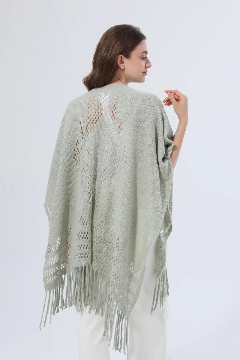 Women Hollow Knit Tassel Poncho Open Front Fringe Knitted Shawl Wrap 🧶✨ Leto Collection