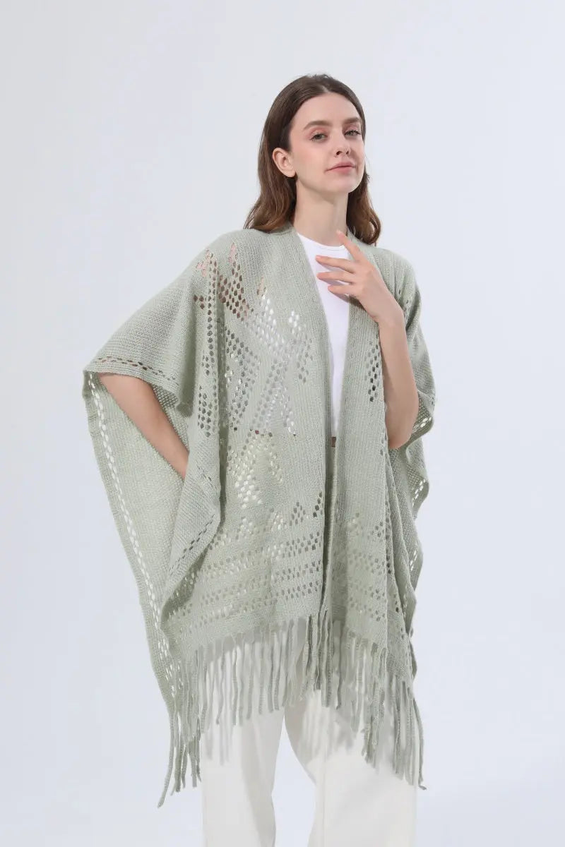 Women Hollow Knit Tassel Poncho Open Front Fringe Knitted Shawl Wrap 🧶✨ Leto Collection