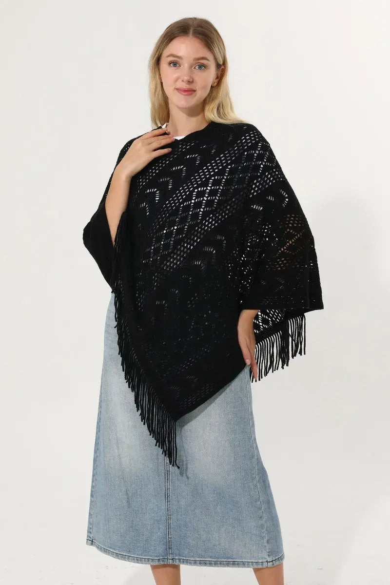 Hollow Knit Tassel Triangle Poncho Lightweight Shawl Wrap 🧶✨ Leto Collection