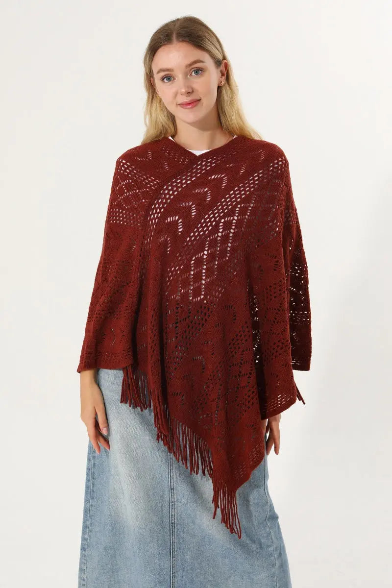 Hollow Knit Tassel Triangle Poncho Lightweight Shawl Wrap 🧶✨ Leto Collection