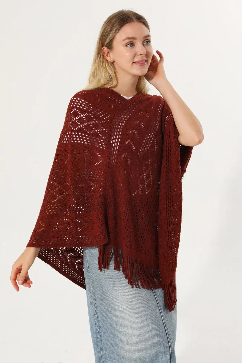 Hollow Knit Tassel Triangle Poncho Lightweight Shawl Wrap 🧶✨ Leto Collection