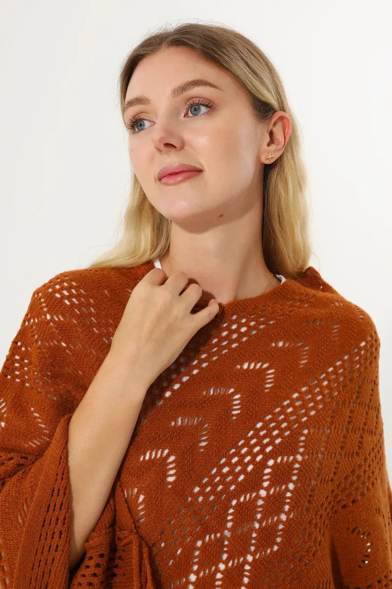 Hollow Knit Tassel Triangle Poncho Lightweight Shawl Wrap 🧶✨ Leto Collection