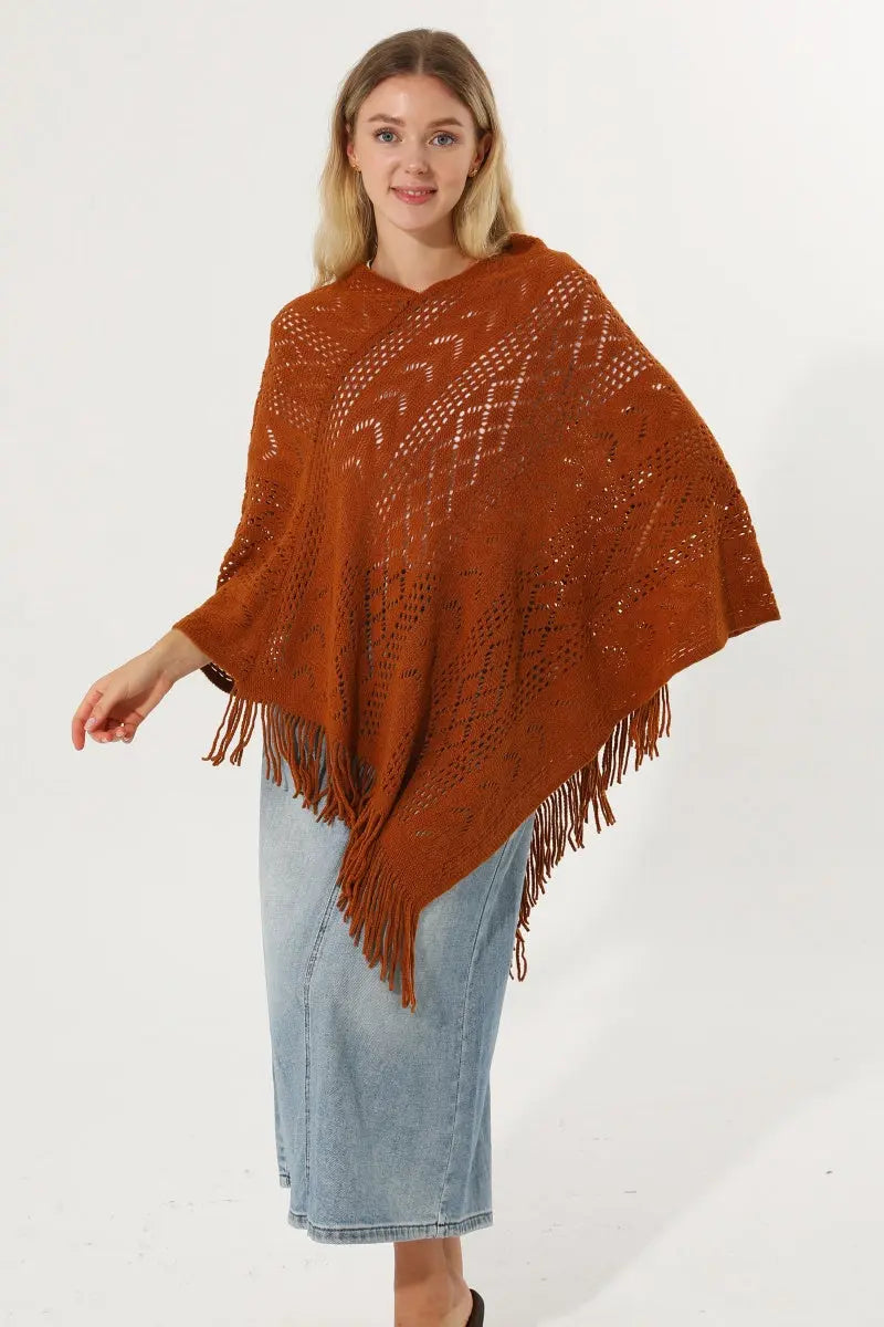 Hollow Knit Tassel Triangle Poncho Lightweight Shawl Wrap 🧶✨ Leto Collection