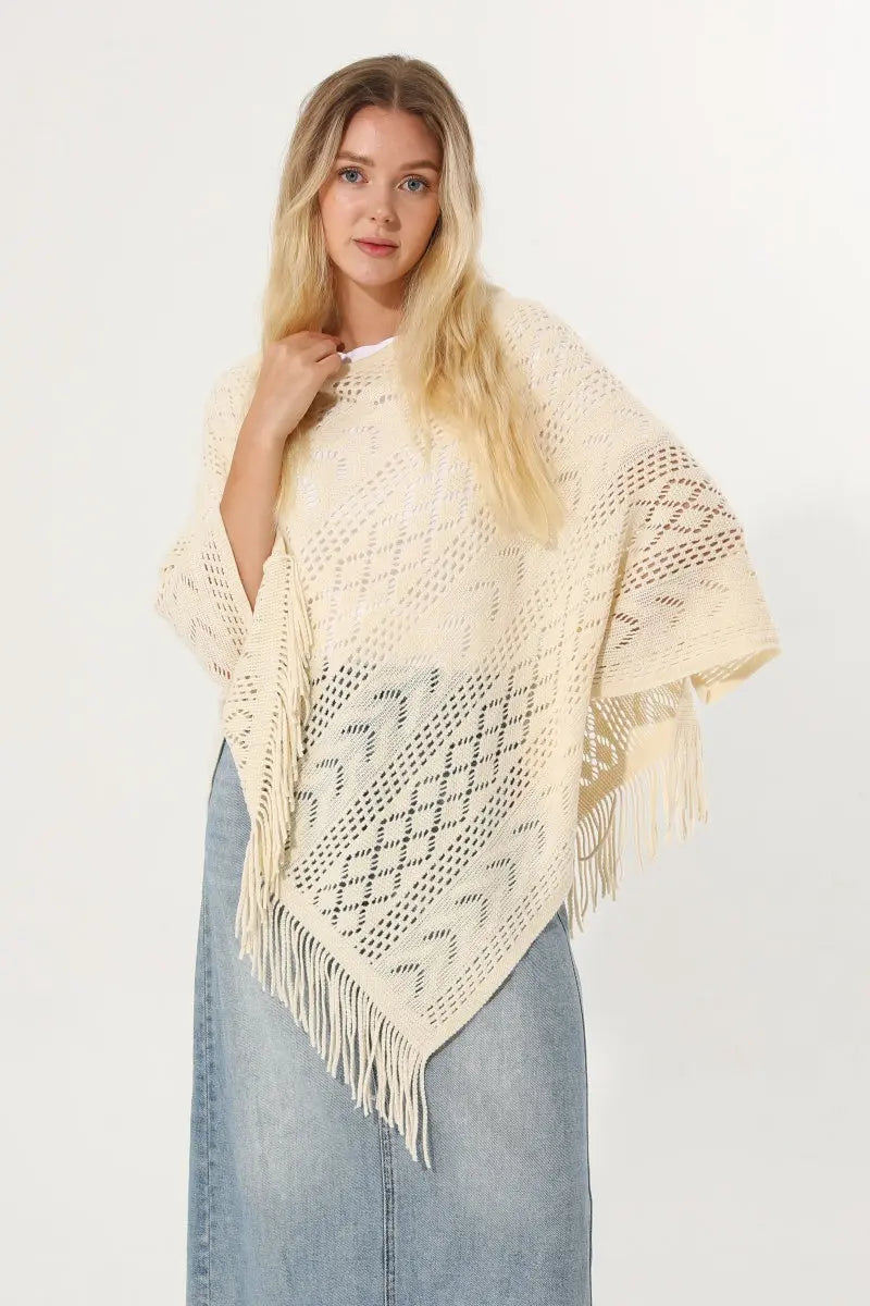 Hollow Knit Tassel Triangle Poncho Lightweight Shawl Wrap 🧶✨ Leto Collection