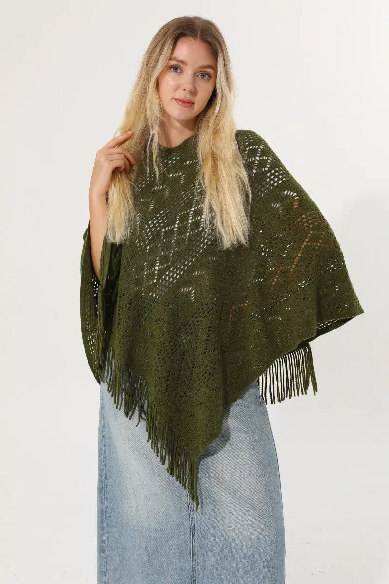 Hollow Knit Tassel Triangle Poncho Lightweight Shawl Wrap 🧶✨ Leto Collection