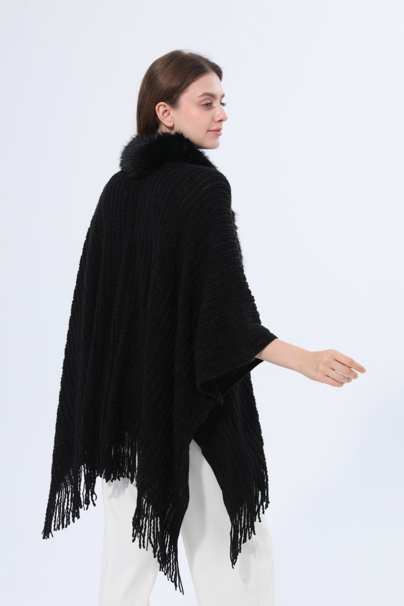 Women Faux Fur Collar Fringed Knit Poncho Shawl Leto Collection