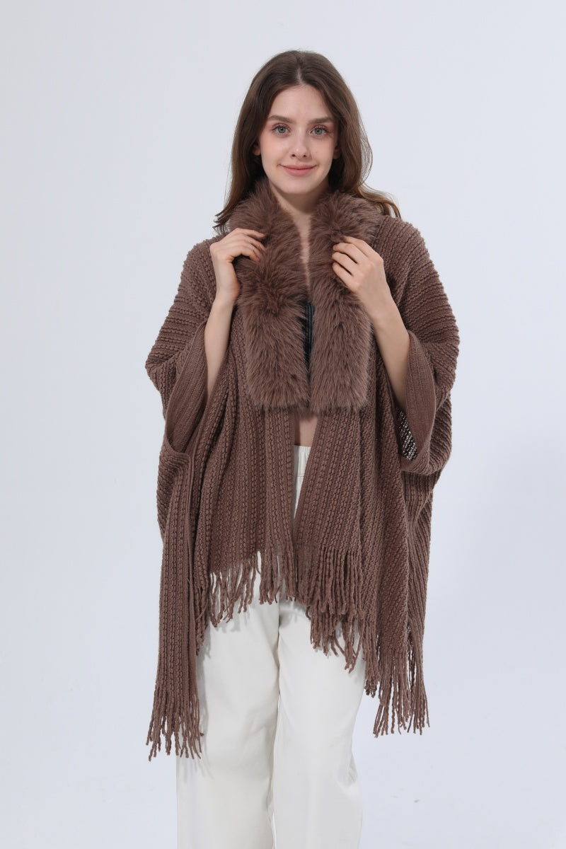 Women Faux Fur Collar Fringed Knit Poncho Shawl Leto Collection