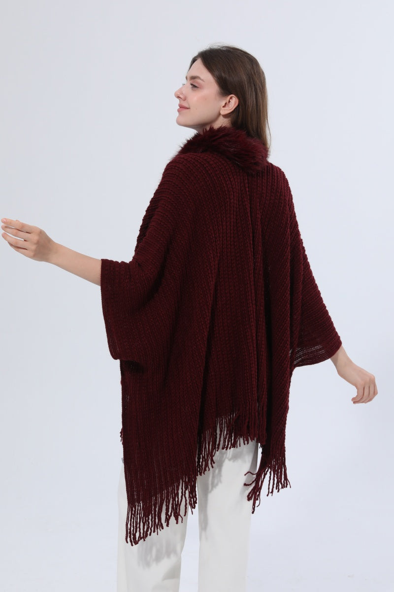 Women Faux Fur Collar Fringed Knit Poncho Shawl Leto Collection