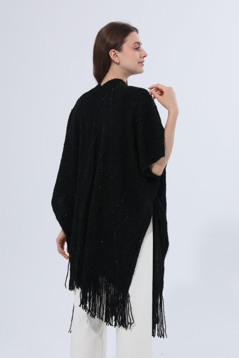 Knitted Tassel Open Front Poncho Shawl Wrap