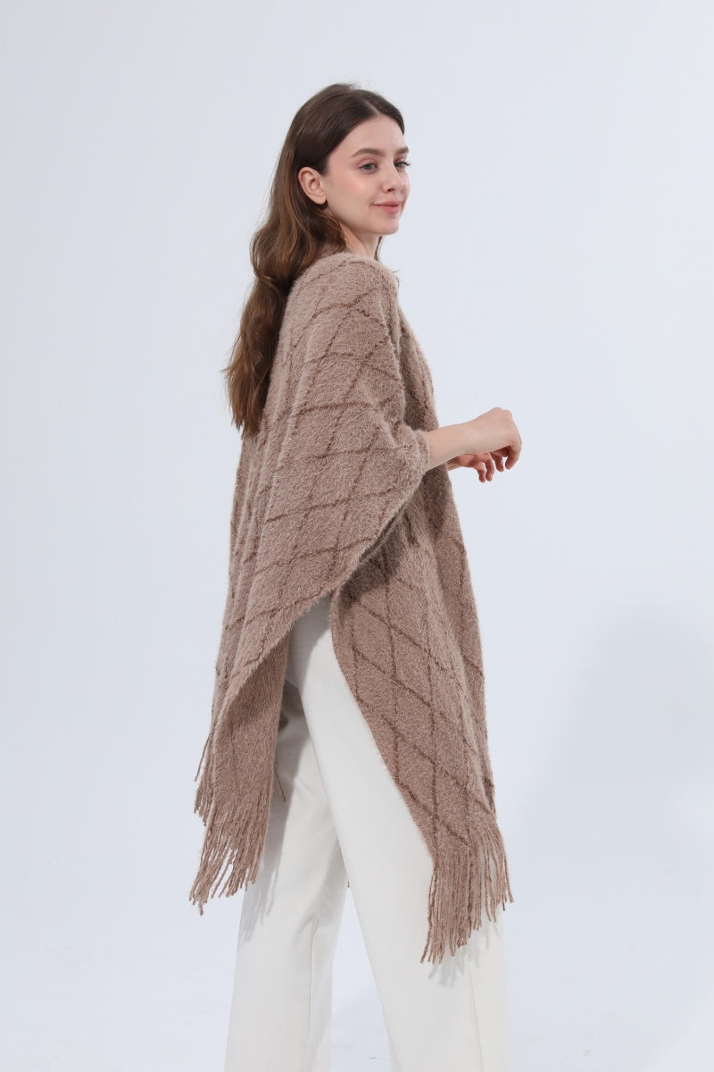 Knitted Tassel Open Front Poncho Shawl Wrap