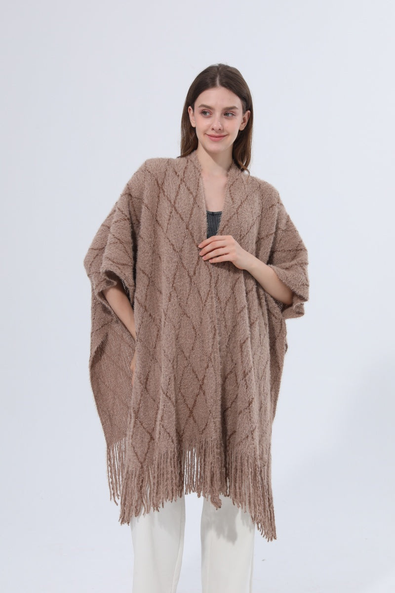 Knitted Tassel Open Front Poncho Shawl Wrap
