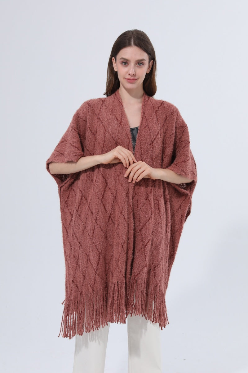 Knitted Tassel Open Front Poncho Shawl Wrap