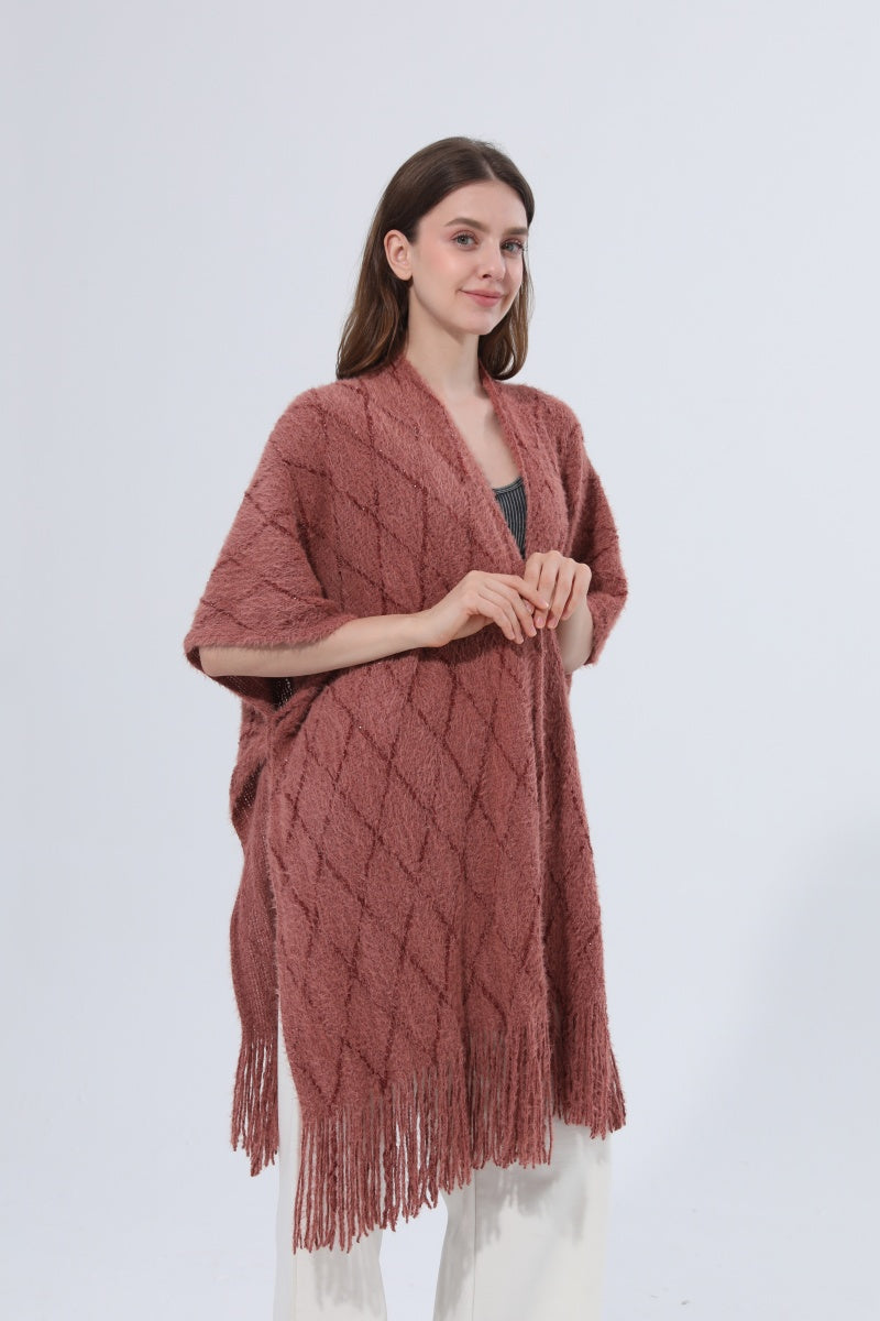 Knitted Tassel Open Front Poncho Shawl Wrap
