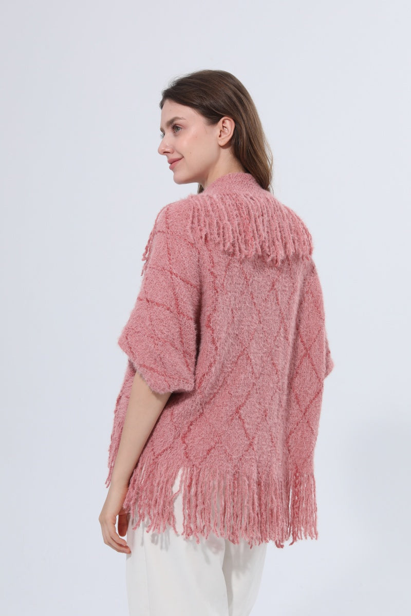 Fringed Diamond Knit Open Front Poncho Shawl