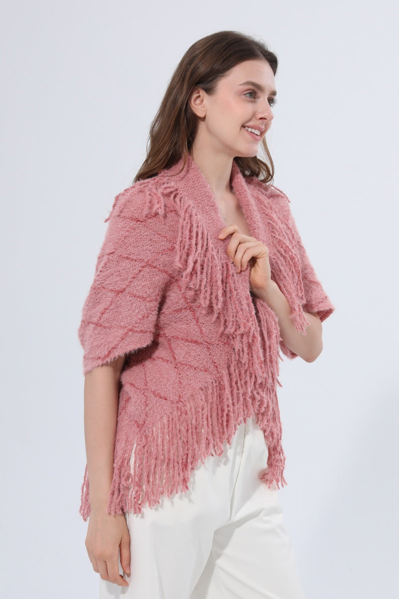 Fringed Diamond Knit Open Front Poncho Shawl