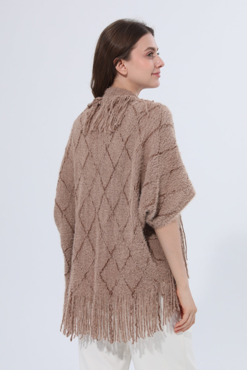 Fringed Diamond Knit Open Front Poncho Shawl