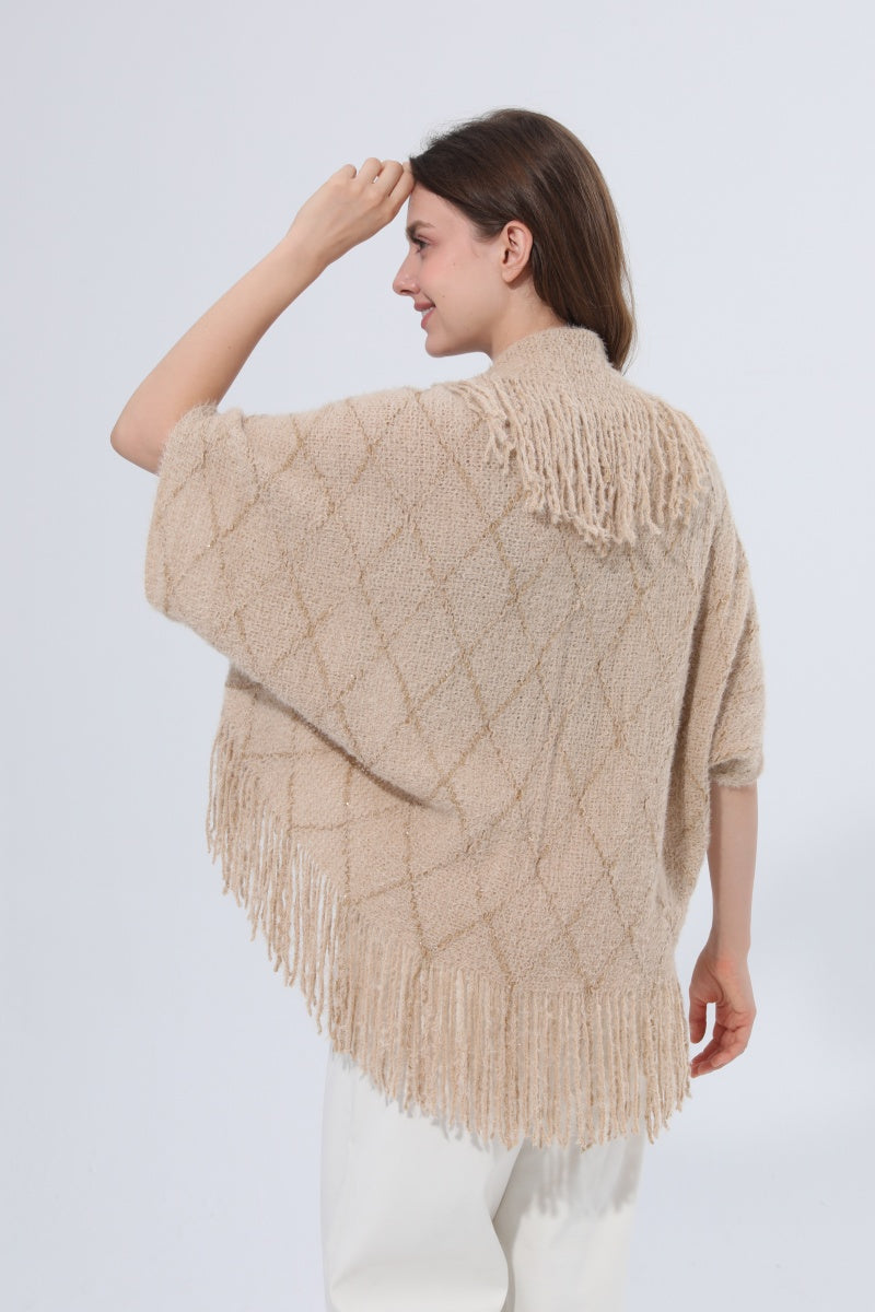 Fringed Diamond Knit Open Front Poncho Shawl