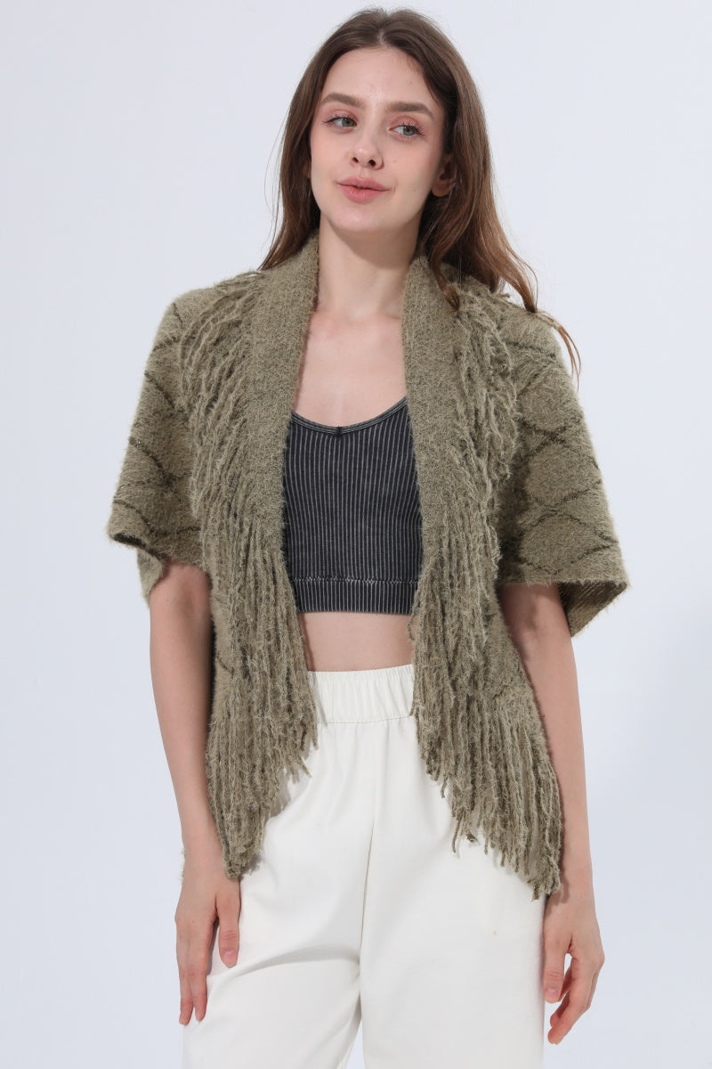 Fringed Diamond Knit Open Front Poncho Shawl