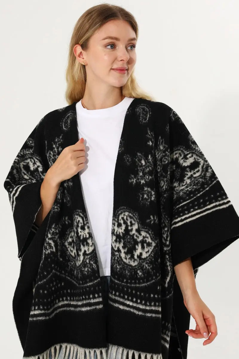 Women Paisley Floral Tassel Poncho Reversible Winter Shawl Wrap 🧣✨ Leto Collection