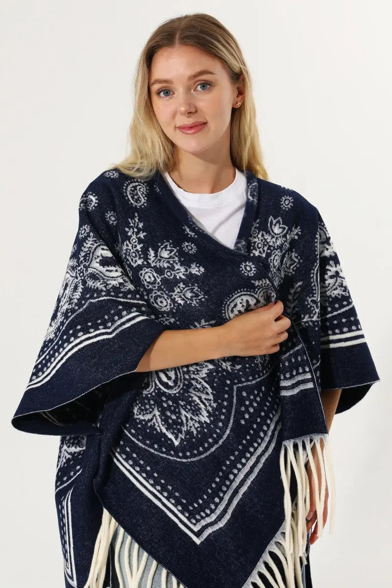 Women Paisley Floral Tassel Poncho Reversible Winter Shawl Wrap 🧣✨ Leto Collection