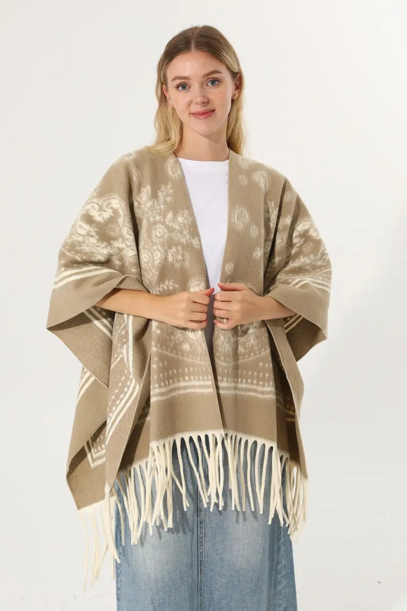 Women Paisley Floral Tassel Poncho Reversible Winter Shawl Wrap 🧣✨ Leto Collection