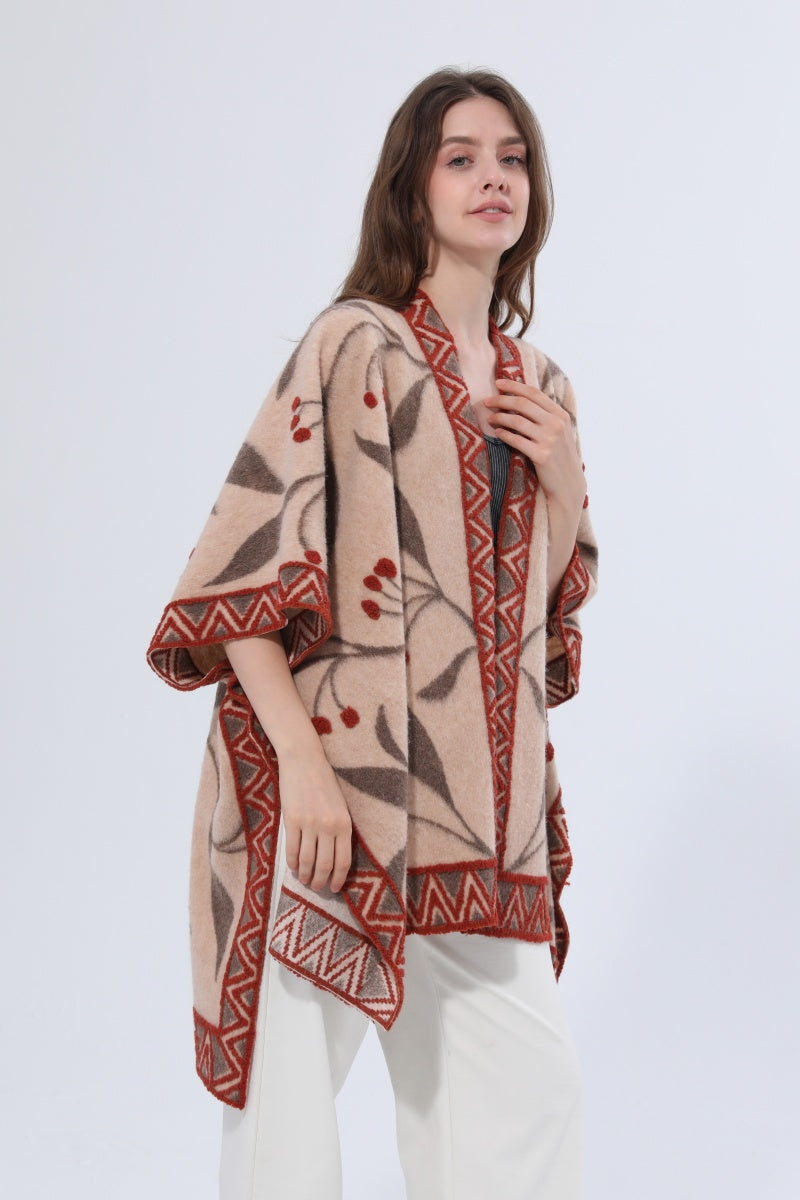 Women Vintage Jacquard Knit Poncho Shawl Cape Leto Collection